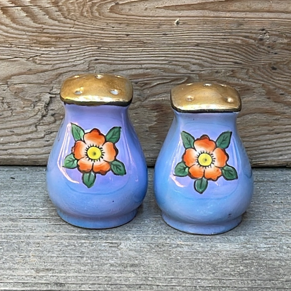 Tiny Vintage Porcelain Blue Lusterware Salt & Pepper Handpainted Orange Flower
